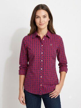 Vineyard Vines Gingham Plaid Button Up Shirt Red Dark Blue Preppy Classic Size 6